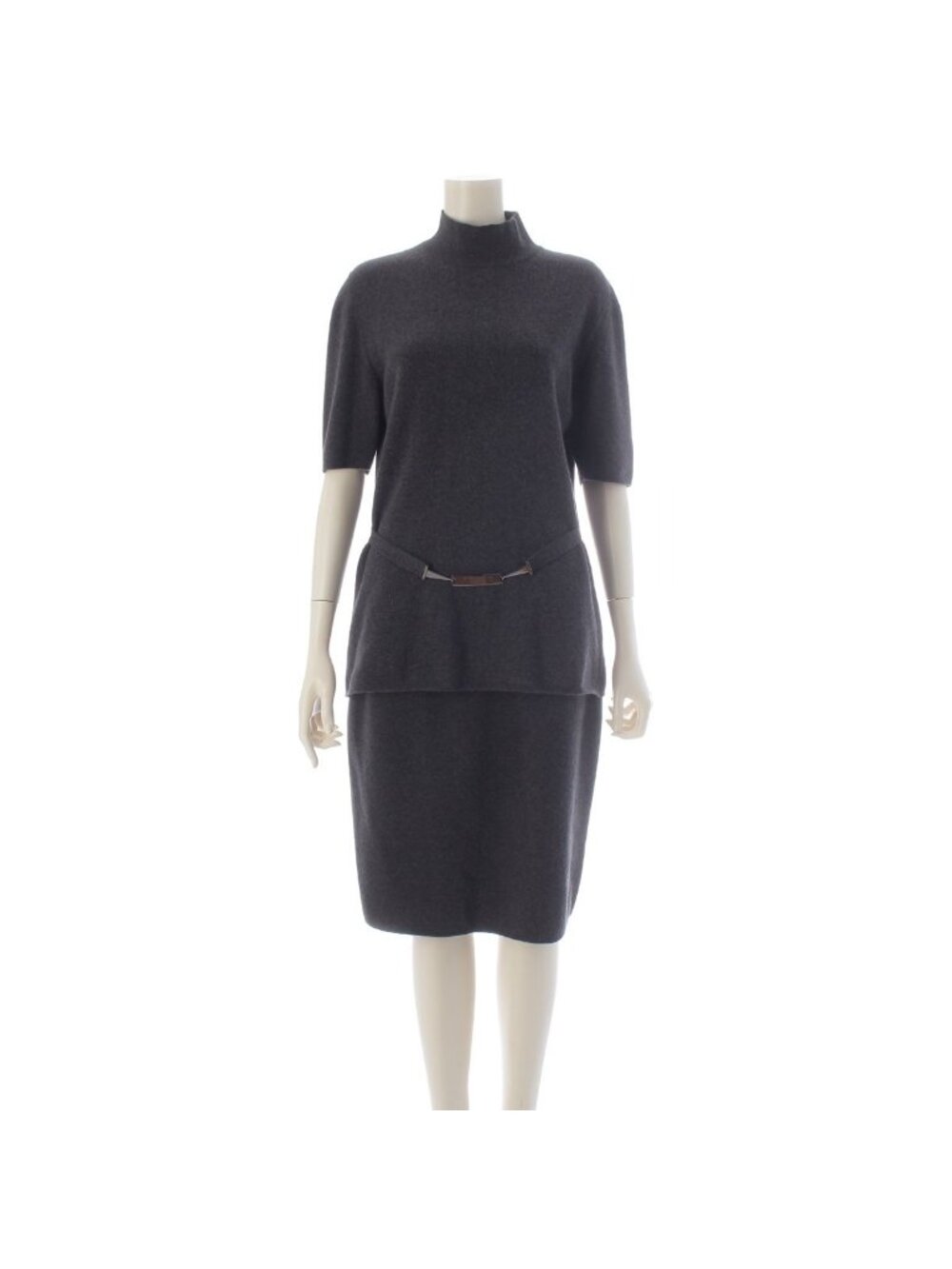 Celine Wool Angora Vintage Logo Belt Short Sleeve Knit Skirt Set Gray /42 44
